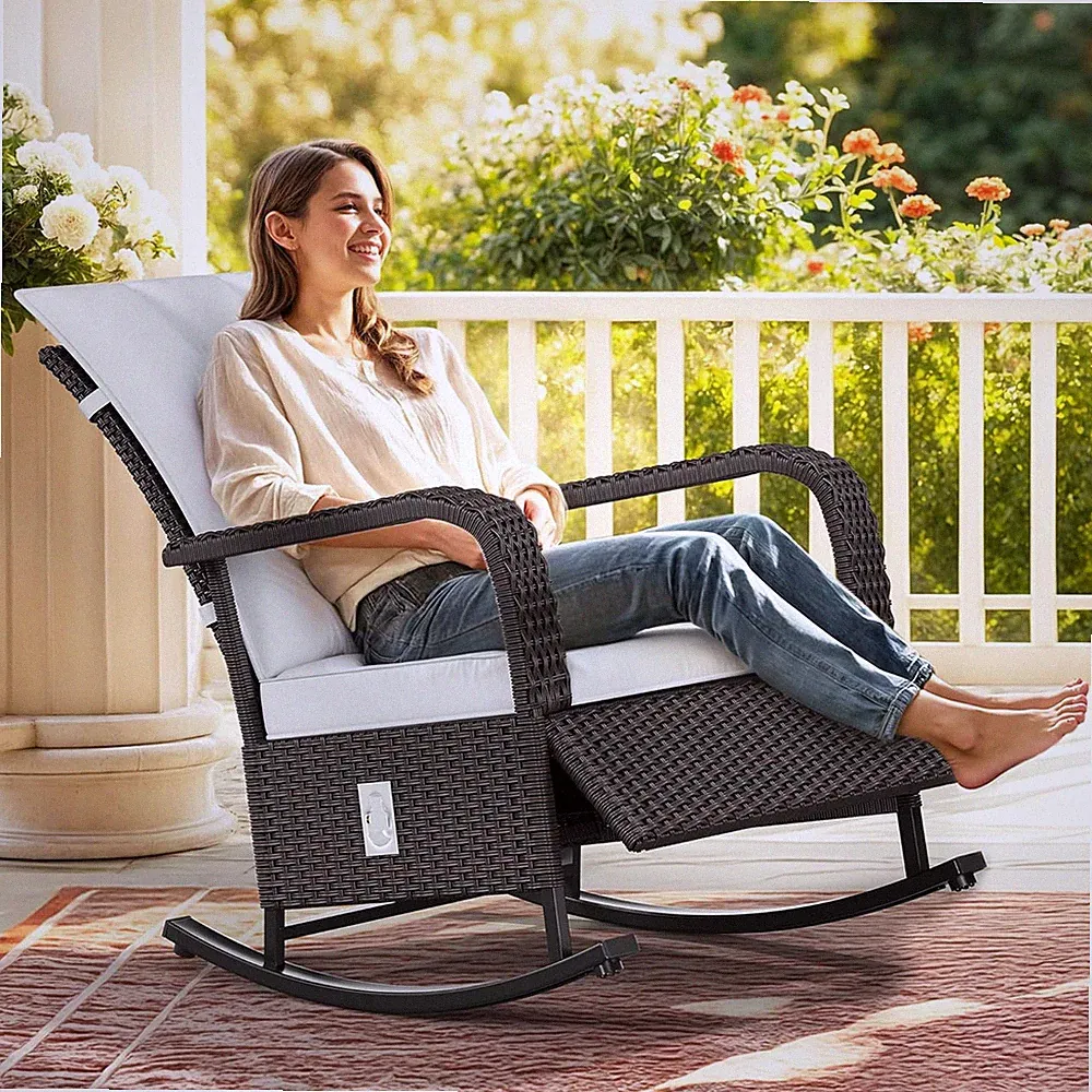 Adjustable Outdoor Rocking Chair with Cushions - Wicker Patio Recliner