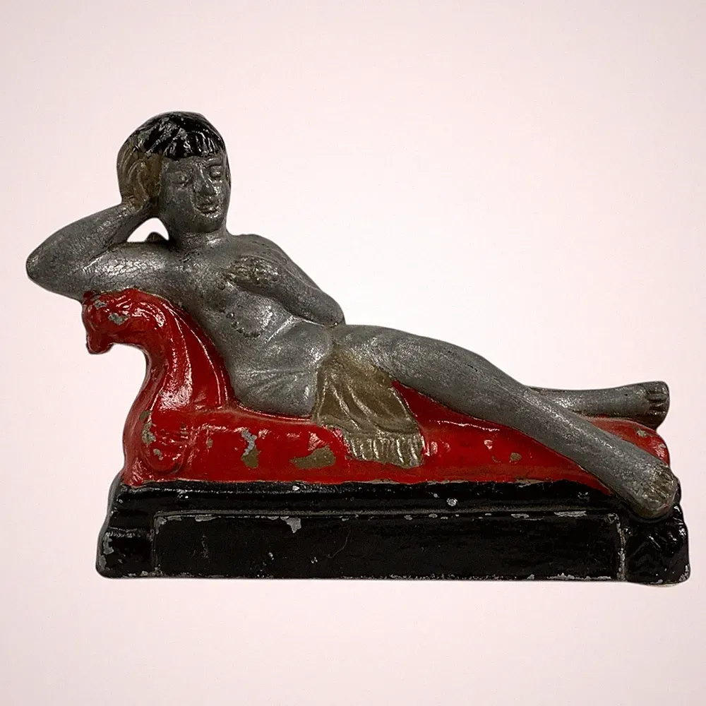 Antique Cast Iron Reclining Woman on Couch Figurine Hand Painted. RARE Beautiful