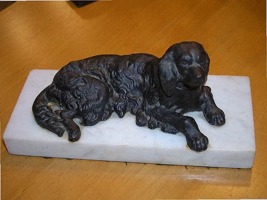 Antique Victorian Cast Iron Spaniel Golden Retriever Lab Reclining Dog Sculpture