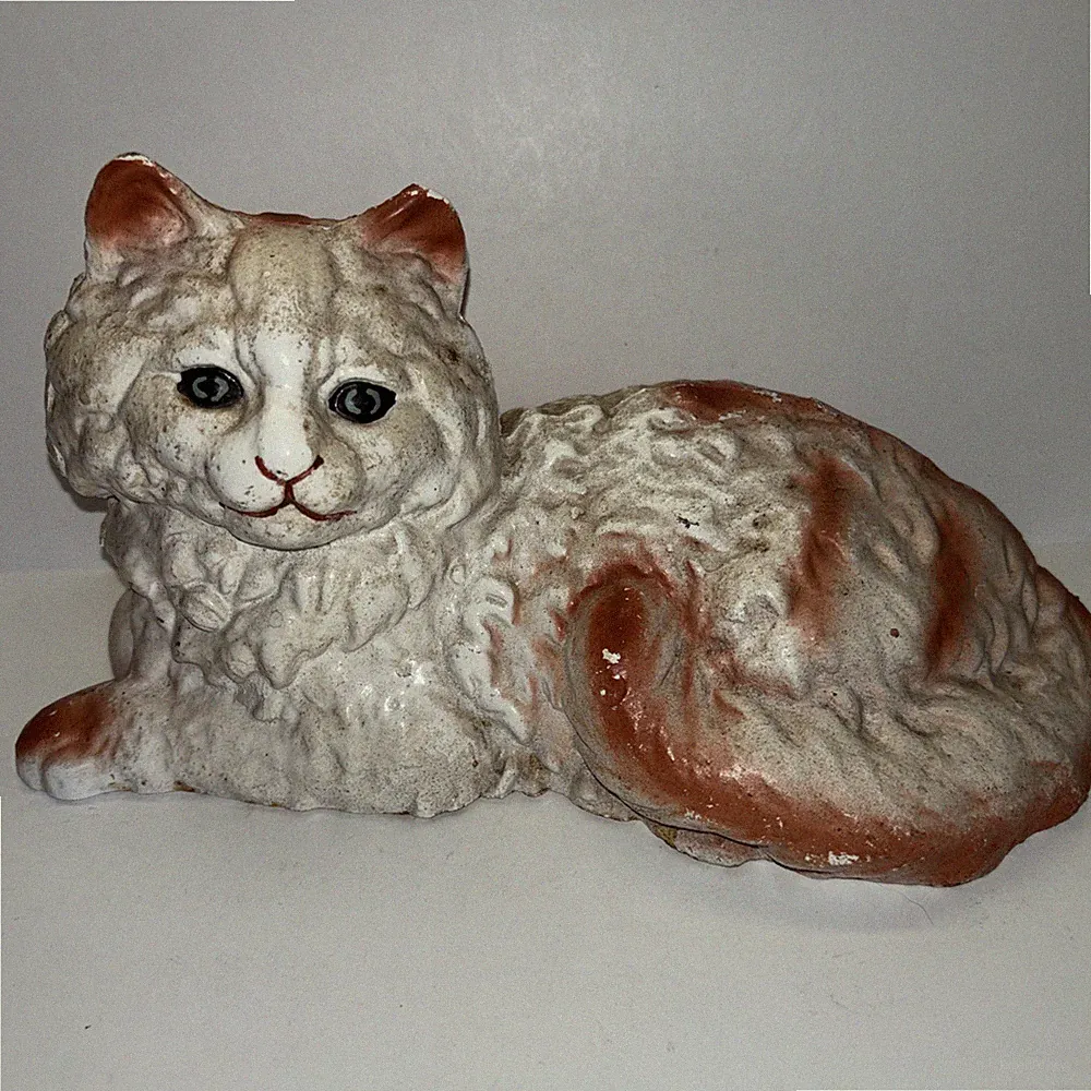 Cast Iron Reclining Persian Cat Doorstop Hubley Style Hand Painted Green Eyes