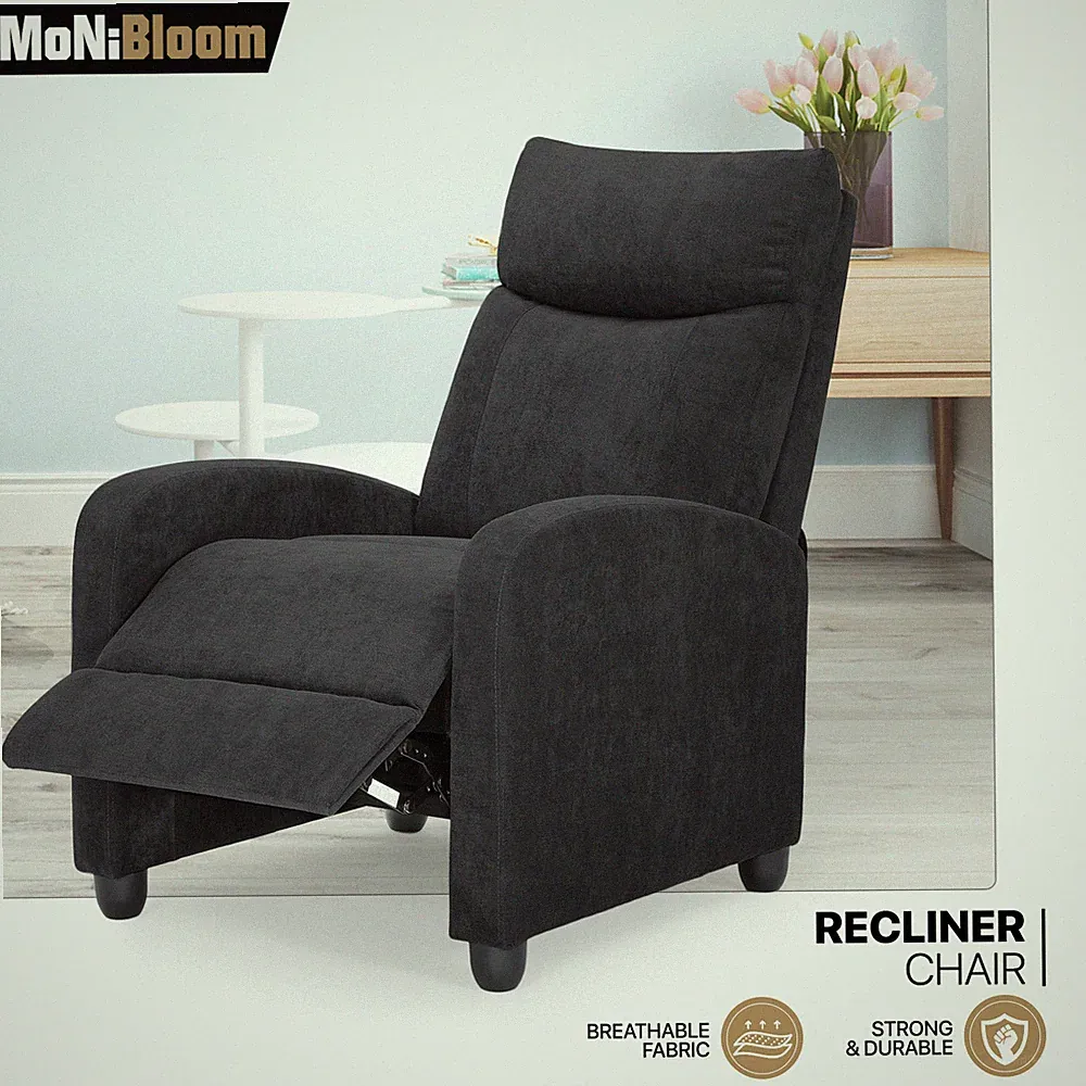 Fabric Recliner Chair Black Modern Single Sofa Adjustable Back Theater Seating