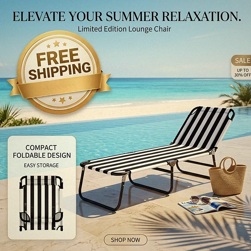 Folding Sun Beach Lounger Chair 5-Position Adjustable Camping Cot Recliner Black