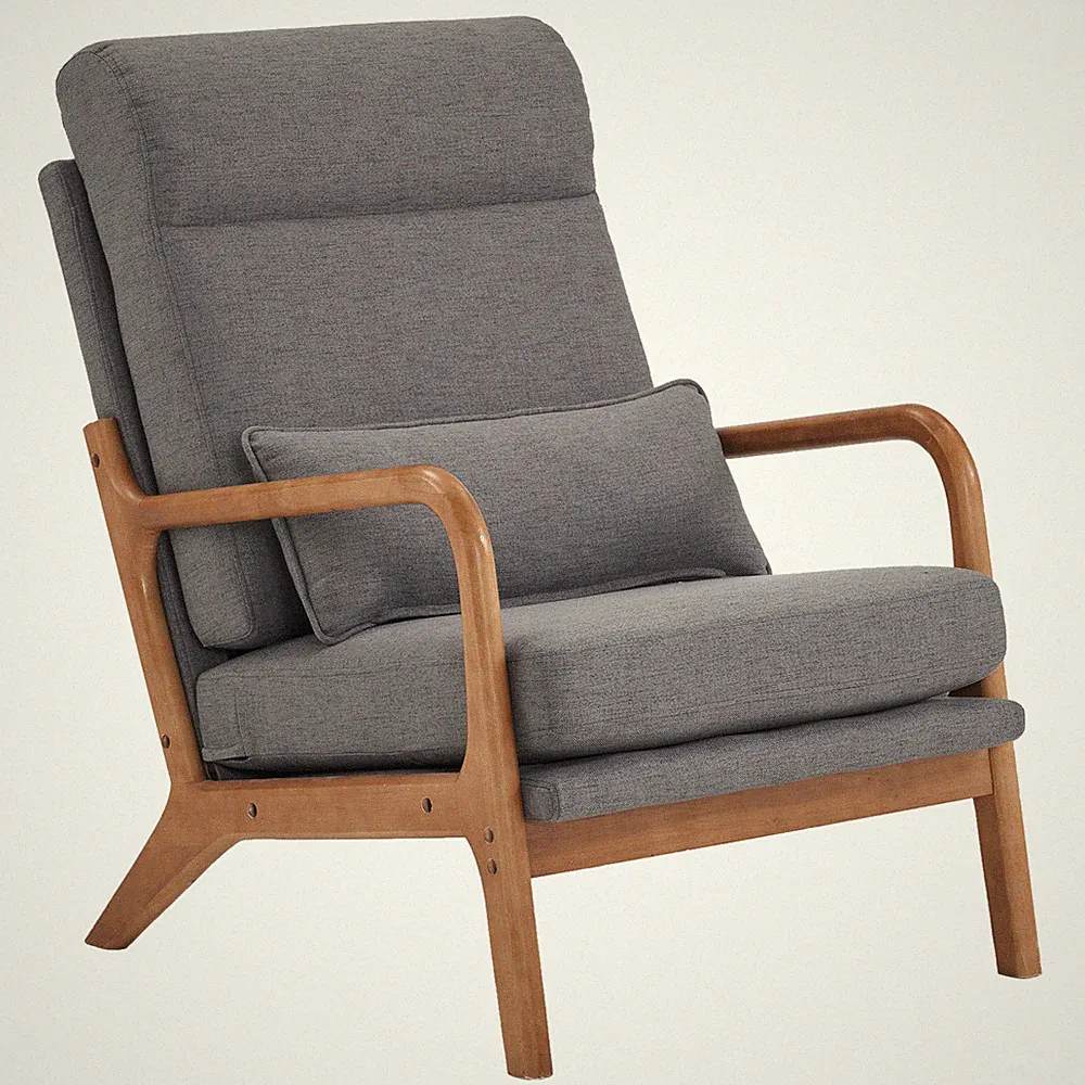 High Back Solid Wood Armrest Backrest Iron Frame Linen Leisure Chair Dark Grey
