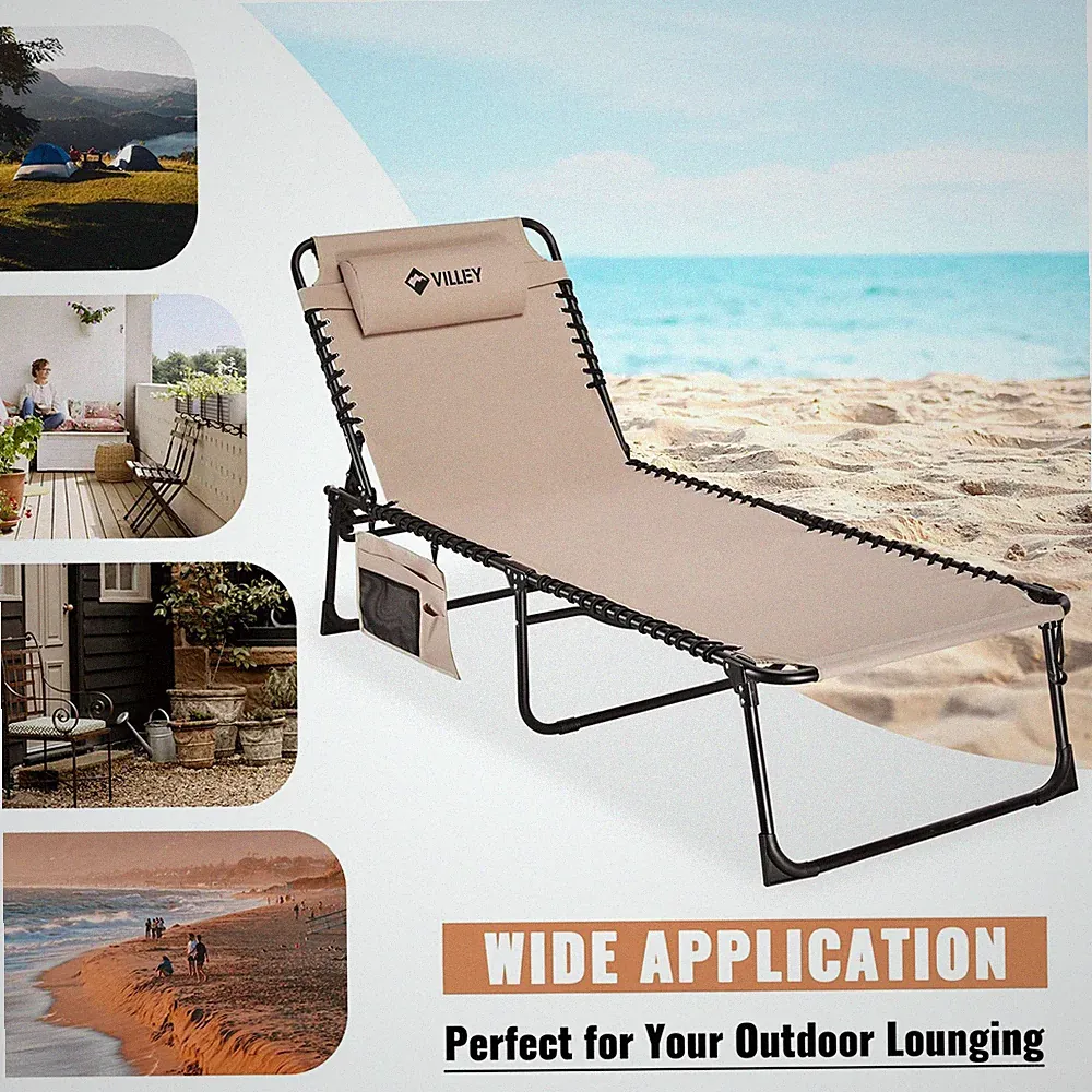 VILLEY Heavy-Duty Folding Chaise Lounge Oversize Lounge Chair Outdoor 440lbs Max